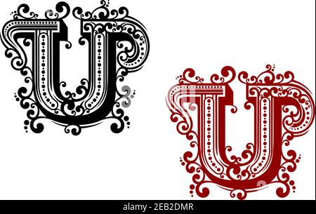 Lettre majuscule ornementale U en style gravure vintage, décorée de boucles fleuries en noir et rouge Illustration de Vecteur