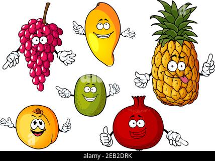 Joyeux ananas frais, mangue, raisin, kiwi, pêche et fruits de grenade personnages de dessin animé isolés sur fond blanc Illustration de Vecteur