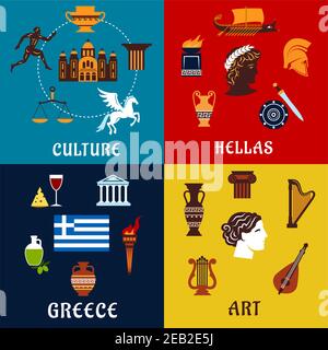 Les icônes de la culture, de l'art et de l'histoire de la Grèce avec des symboles traditionnels tels que le drapeau national, les olives, les amphores, les temples, les lyres, les torches, le héros mythologique Illustration de Vecteur