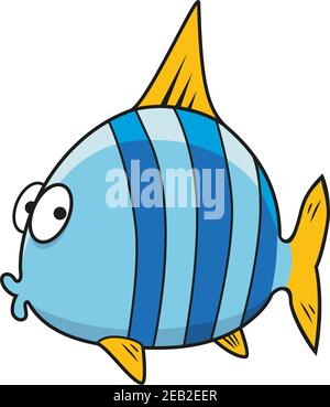 Drôle de personnage de dessin animé de poisson tropical avec corps rayé bleu vif, nageoires jaunes et queue Illustration de Vecteur