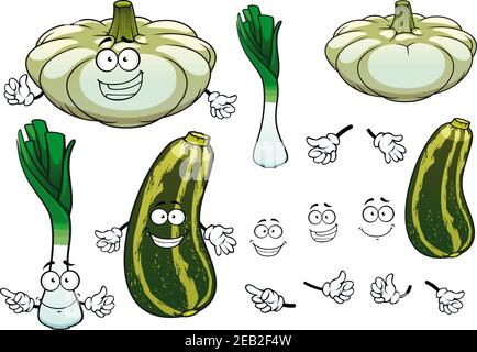 Poireaux verts frais, patypans courge et légumes courgettes rayés personnages de dessin animé avec des visages souriants joyeux pour l'agriculture ou la conception d'aliments sains Illustration de Vecteur