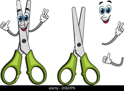 Joyeux ciseaux personnage de dessin animé avec des poignées vertes en plastique montrant le geste de victoire, pour l'éducation ou la conception de papeterie Illustration de Vecteur
