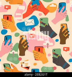 Motif vectoriel sans couture. Les smartphones en main. Concept de réseaux sociaux et de communications. Différentes mains tenant des smartphones. Appel vidéo, chat textuel, p Illustration de Vecteur