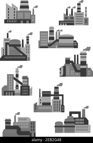 Les icônes des usines et des usines industrielles plates sont composées de bâtiments, de machines et de cheminées à fumer Illustration de Vecteur