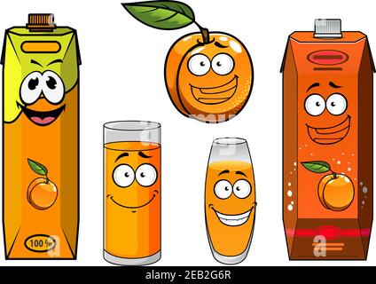 Drôle de dessin animé abricot fruits avec des paquets de jus lumineux et des verres remplis, avec des visages souriants heureux. Pour la conception des emballages alimentaires Illustration de Vecteur