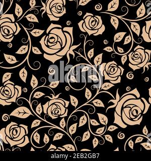 Roses brunes motif floral sans couture avec des fleurs élégantes sur des tiges tordues ornées de curliches sur fond noir. Style rétro Illustration de Vecteur