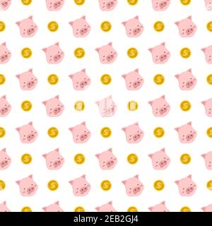 Joli motif sans couture avec cochon rose et pièce de monnaie dorée Illustration de Vecteur