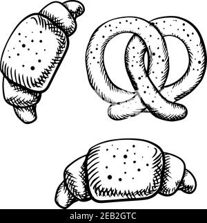 Esquisse de croissants frais savoureux et de bretzel salé croustillant. Isolé sur fond blanc pour la conception de boulangerie ou de pâtisserie Illustration de Vecteur