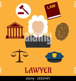 Icônes plates de droit et de justice entourant un avocat avec un palais de justice, un livre de droit, des empreintes digitales, une casquette de police, des balances et un gavel sur jaune. Avocat profession co Illustration de Vecteur