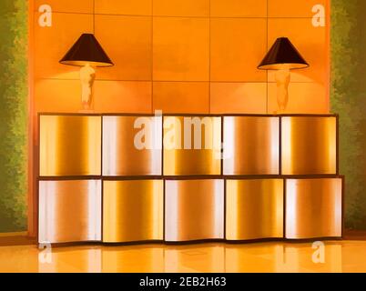 Une belle armoire à feuilles d'or avec 2 lampes allumées, se dresse élégamment dans un hall d'hôtel vide. Banque D'Images