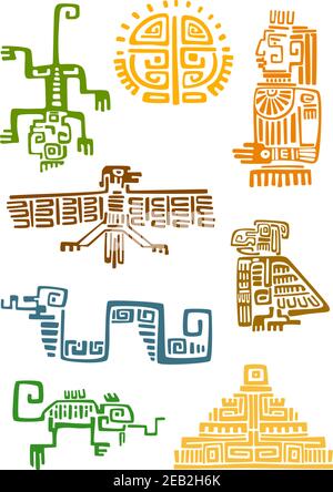 Symboles ornementaux aztèques et maya antiques du soleil, idole de dieu, pyramide, aigle, corbeau, singe, sneak, lézard. Pour le motif animal totem, religion ou tatouage Illustration de Vecteur