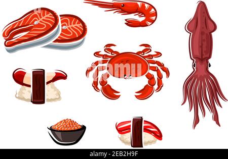 Steaks de saumon frais, crabe, calmar, crevettes et caviar rouge salé cuit, sushi nigiri avec palourdes et thon, pour la conception de menu de fruits de mer Illustration de Vecteur