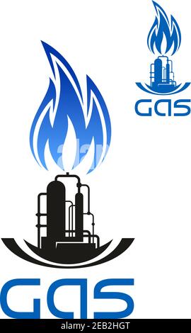Icône de l'industrie du gaz et du pétrole avec silhouette noire d'une usine industrielle avec réservoirs de stockage, pipelines et flamme bleue au-dessus Illustration de Vecteur