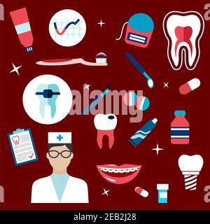 Dentisterie icônes plates avec dentiste, section transversale des dents saines, dent cariante, implant, miroir dentaire et sonde, pilules, brosse à dents et pâte, soie dentaire, b Illustration de Vecteur