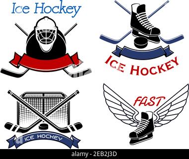 Icônes et symboles de hockey sur glace montrant des bâtons croisés, des rondelles et une porte avec masque de gardien de but et des patins décorés d'ailes et de banderoles de ruban Illustration de Vecteur