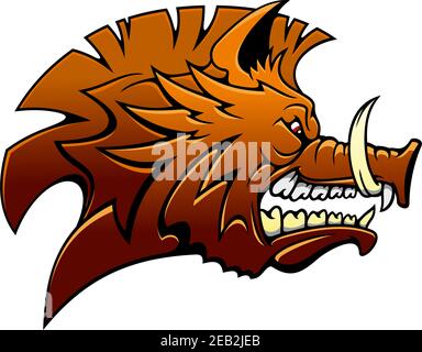 Tête d'un sanglier farouche dessin animé sanglant sanglant sanglier sanglier avec des défenses nettes et une expression moyenne, vue latérale en marron Illustration de Vecteur