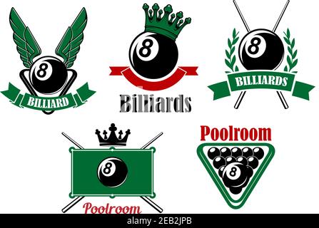 Billard et salle de billard, emblèmes ou icônes avec ailes, couronne, croix, queues, balle et décorations Illustration de Vecteur