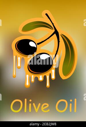 Fruits d'olive noirs mûrs sur branche épineuse avec vert foncé les feuilles et l'huile d'olive goutte à goutte s'écoulant sur un arrière-plan flou Illustration de Vecteur