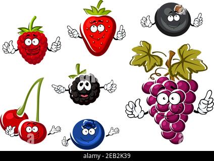 Assortiment de petits personnages de baies de dessins animés avec sourires heureux, dont une fraise, une framboise, une myrtille, une cerise, un blackberry, du cassis et un bouquet Illustration de Vecteur