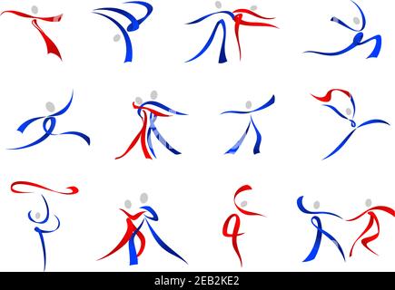 Symboles modernes stylisés et fluides des danseurs en rouge et bleu une variété de poses de danse Illustration de Vecteur