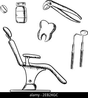 Icônes de médecine dentaire avec chaise, miroir, sonde et pince, dent, bouteille de médicament et pilule ronde. Isolé sur fond blanc, pour le thème médical d Illustration de Vecteur