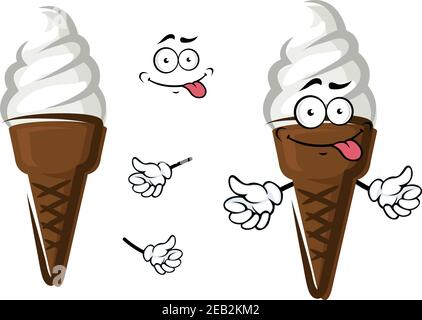 Un personnage de dessin animé de crème glacée douce à la vanille et au chocolat cône de cachets pour un menu de desserts ou un motif d'en-cas Illustration de Vecteur