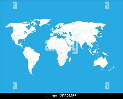 Carte du monde à vecteur politique avec noms d'état. Terre blanche avec texte noir sur fond bleu. Illustration simplifiée dessinée à la main. Illustration de Vecteur