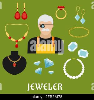 Bijoux de profession concept avec homme moustaché dans des loupes, entouré d'élégant anneau d'or, boucles d'oreilles, chaînes, pendentif, bracelets et la nuque Illustration de Vecteur