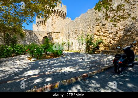 Un chat grec noir et blanc errant se détend à l'ombre avec l'ancien château de Rhodes Grèce en arrière-plan. Banque D'Images