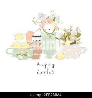 Mignon lapin et poussins assis dans des tasses avec des œufs de Pâques et des fleurs Illustration de Vecteur