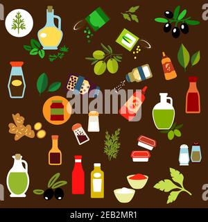 Icônes plates de fruits d'olive, gingembre, cannettes de maïs et de pois verts, herbes épicées, huile d'olive, salières et poivriers, vinaigre, ketchup, moutarde, mayonnaise, t Illustration de Vecteur