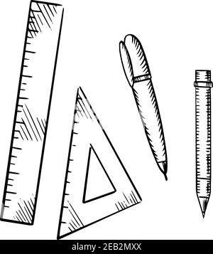 Icônes de crayon, de stylo à bille, de triangle et de règle isolées sur fond blanc, style d'esquisse Illustration de Vecteur