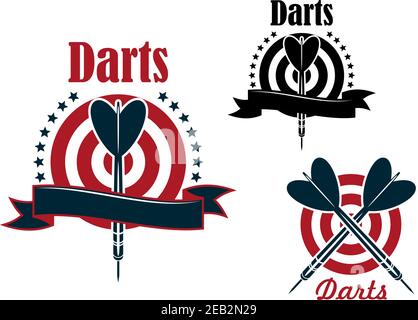 Jeux de fléchettes emblèmes sportifs ou icônes avec flèches et fléchettes, décorés par des étoiles et des banderoles de ruban Illustration de Vecteur