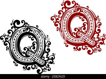 Lettre majuscule stylisée rétro Q en noir et rouge éléments floraux pour un motif d'invitation ou de monogramme Illustration de Vecteur