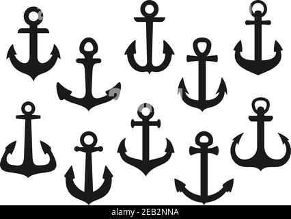 Ancres nautiques icônes noires avec des flukes incurvés lourds isolés sur fond blanc, pour le tatouage ou la conception de thèmes heralsec Illustration de Vecteur