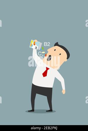 Homme d'affaires prenant des pilules de vitamines colorées d'une bouteille à large bouche ouverte. Image de dessin animé pour le concept de santé Illustration de Vecteur