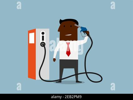 Un homme d'affaires afro-américain tenant la buse de la pompe à gaz près de sa tête pour montrer son désaccord avec les prix trop élevés du gaz. Dessin animé plat Illustration de Vecteur