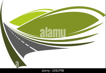 Icône de route de montagne avec autoroute moderne passe à travers la vallée verte avec des collines bombées, pour les thèmes de voyage ou de transport Illustration de Vecteur