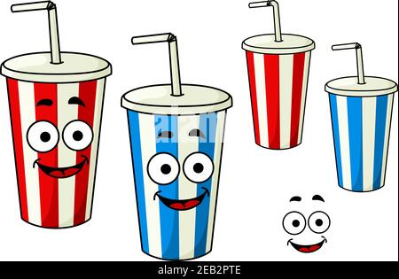 Les personnages de dessin animé des tasses à rayures soda rouges et bleues à emporter sont des pailles à boire et des sourires charmants, pour un design sur le thème de la restauration rapide Illustration de Vecteur