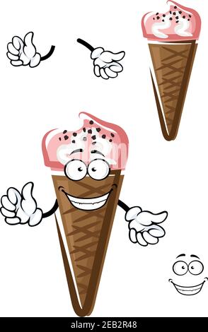 Personnage de glace de dessin animé aux fraises au cône de gaufrage au chocolat et aux éclats de chocolat, pour la conception du menu dessert Illustration de Vecteur