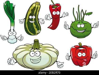 Bonne santé caricature de poivrons rouges et piments, courgettes rayées vertes, oignons, kohlrabi et patypan blanc de courge de légumes caractères. Pour les légumes frais Illustration de Vecteur