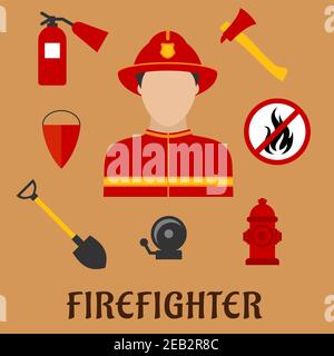 Professionnel des pompiers icônes plates avec homme en casque et costume de protection rouge, flanqué d'une hache de feu, seau conique et pelle, extincteur, alarme d'incendie Illustration de Vecteur