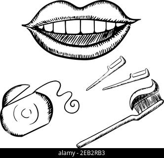 Sourire heureux sain, brosse à dents avec dentifrice, fil dentaire dans boîte en plastique et baguettes en soie dentaire, pour la conception de concept dentaire, croquis des icônes Illustration de Vecteur