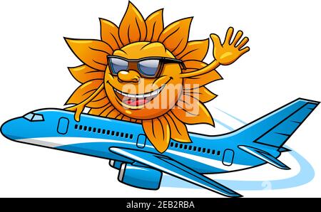 Drôle de personnage de dessin animé soleil dans des lunettes de soleil volant sur l'avion, pour les vacances et le thème de voyage d'air conception Illustration de Vecteur
