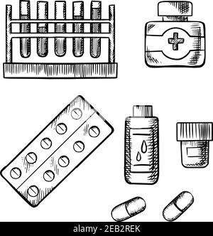 Portoir pour tubes à essai avec analyses sanguines, flacons médicaux avec pilules, gouttes et pommade, comprimé dans un blister et capsules isolées sur fond blanc. S Illustration de Vecteur