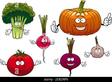 Caricature isolé personnages de légumes drôles avec visages heureux et des bras d'ondulation incluant le coléoptère, le brocoli, le radis, la citrouille, la tomate et l'ail, isolat Illustration de Vecteur