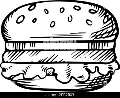 Dessin noir et blanc d'un hamburger avec une patty de bœuf sur un pain au sésame, pour un thème de restauration rapide Illustration de Vecteur