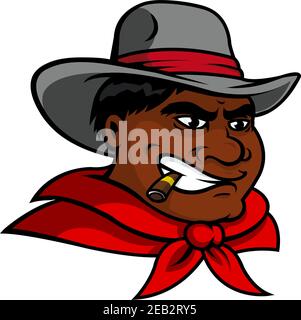 Dessin animé en colère cow-boy américain africain en chapeau gris et rouge necerchier fumant un cigare Illustration de Vecteur