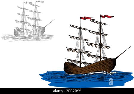 Voilier à deux mâts en bois d'époque avec voiles à fourrure sur une mer bleue, style esquisse Illustration de Vecteur