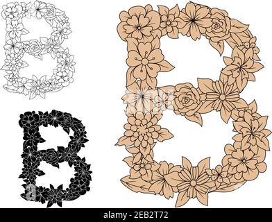 Lettre majuscule B dans un motif floral complexe pour un élément de conception typographique décoratif dans trois variantes de couleur différentes, isolé sur blanc Illustration de Vecteur